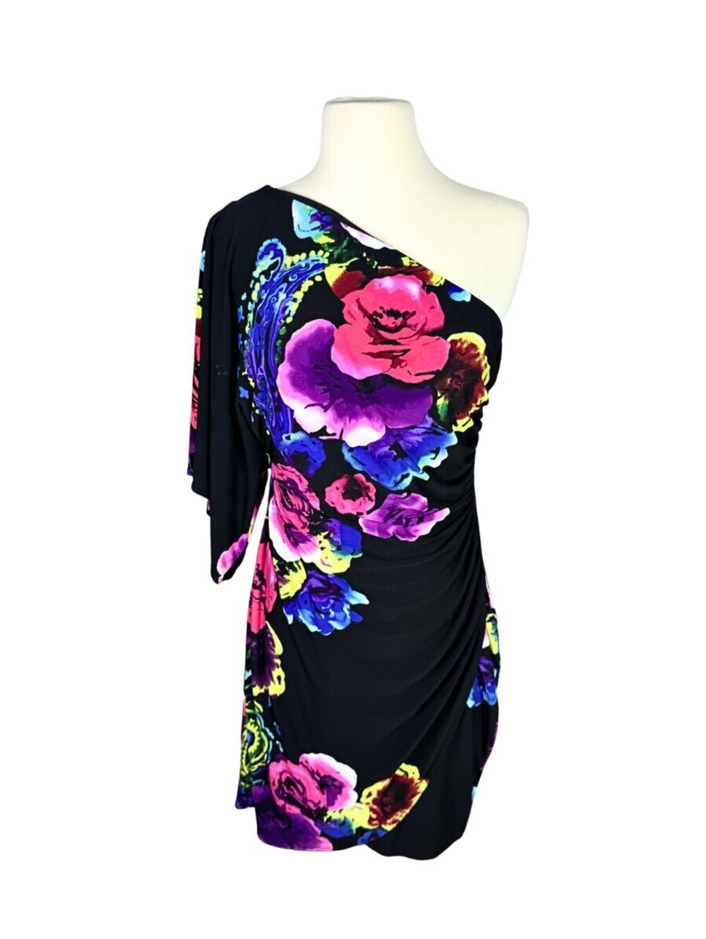 Bisou Bisou One Shoulder Floral Ruched Cocktail Dress Size 6